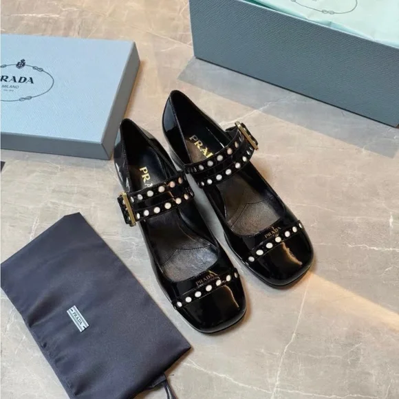 Prada Women's Black Patent Leather Flats with Studded Straps - Picture 1 of 7
